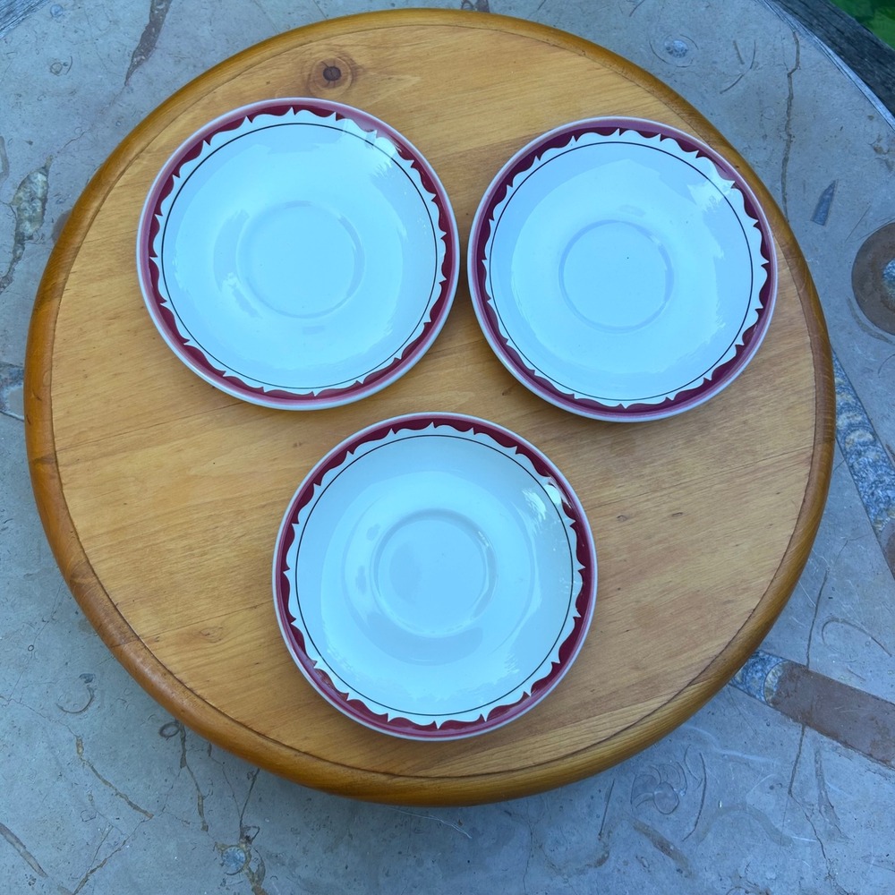 Vintage Saucers Set of 3 Burgundy Sawtooth Edge Crown Diner Retro 1978 Grindley